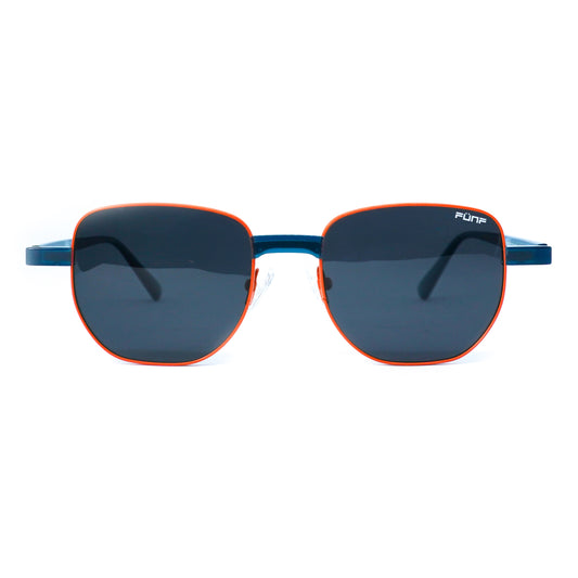 Gafas de sol delgadas con diseño clásico, color azul con naranja.