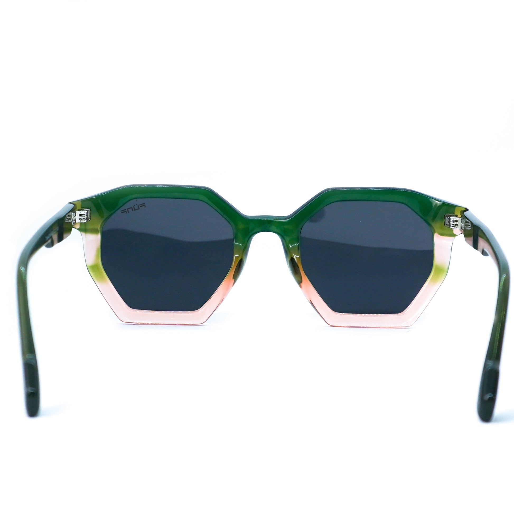 Gafas de sol octagonales, color verde con rosa.