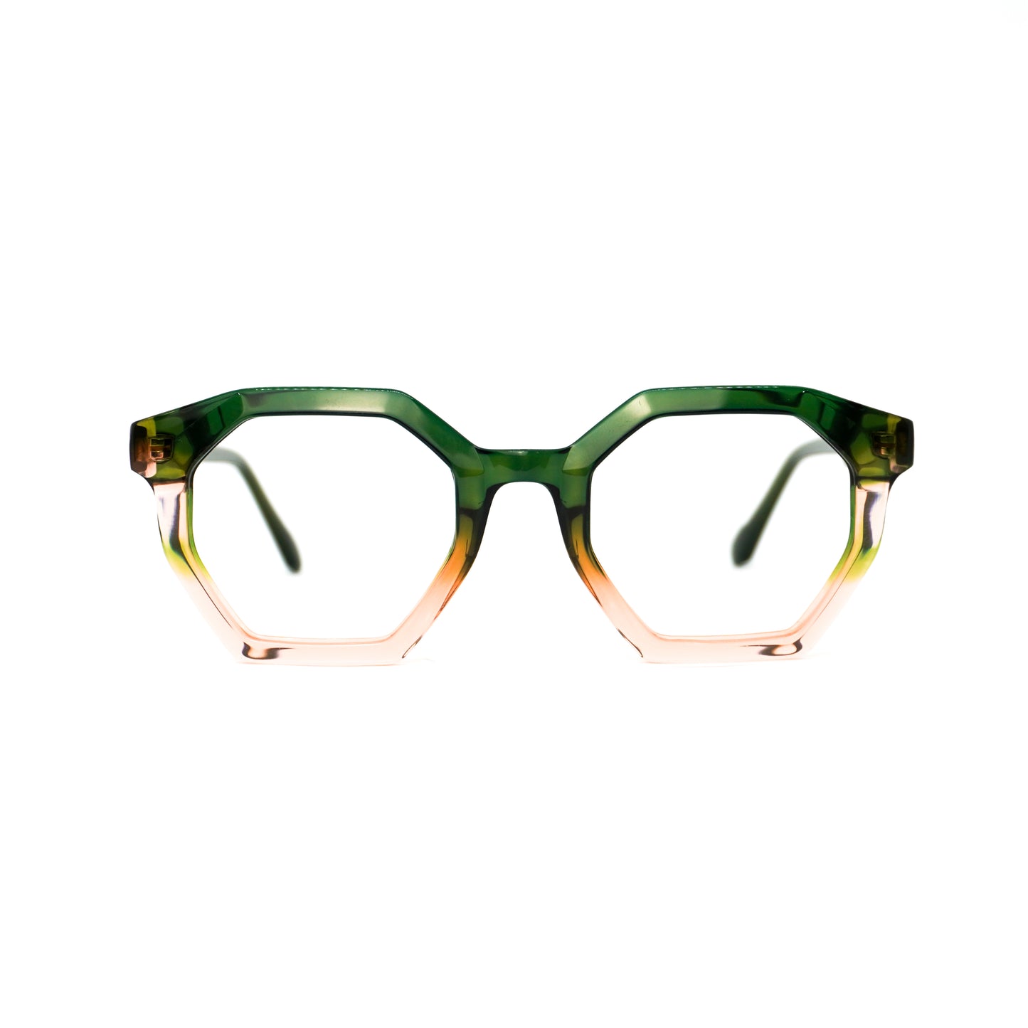 Gafas para formular octagonales, color verde con rosa.