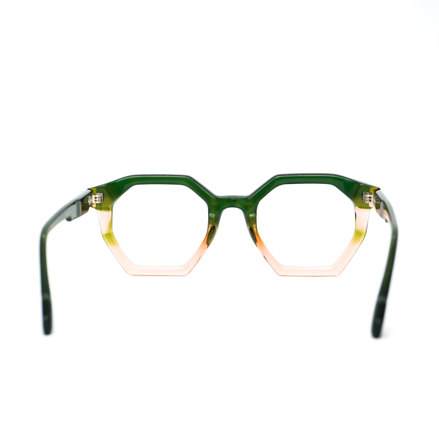 Gafas para formular octagonales, color verde con rosa.