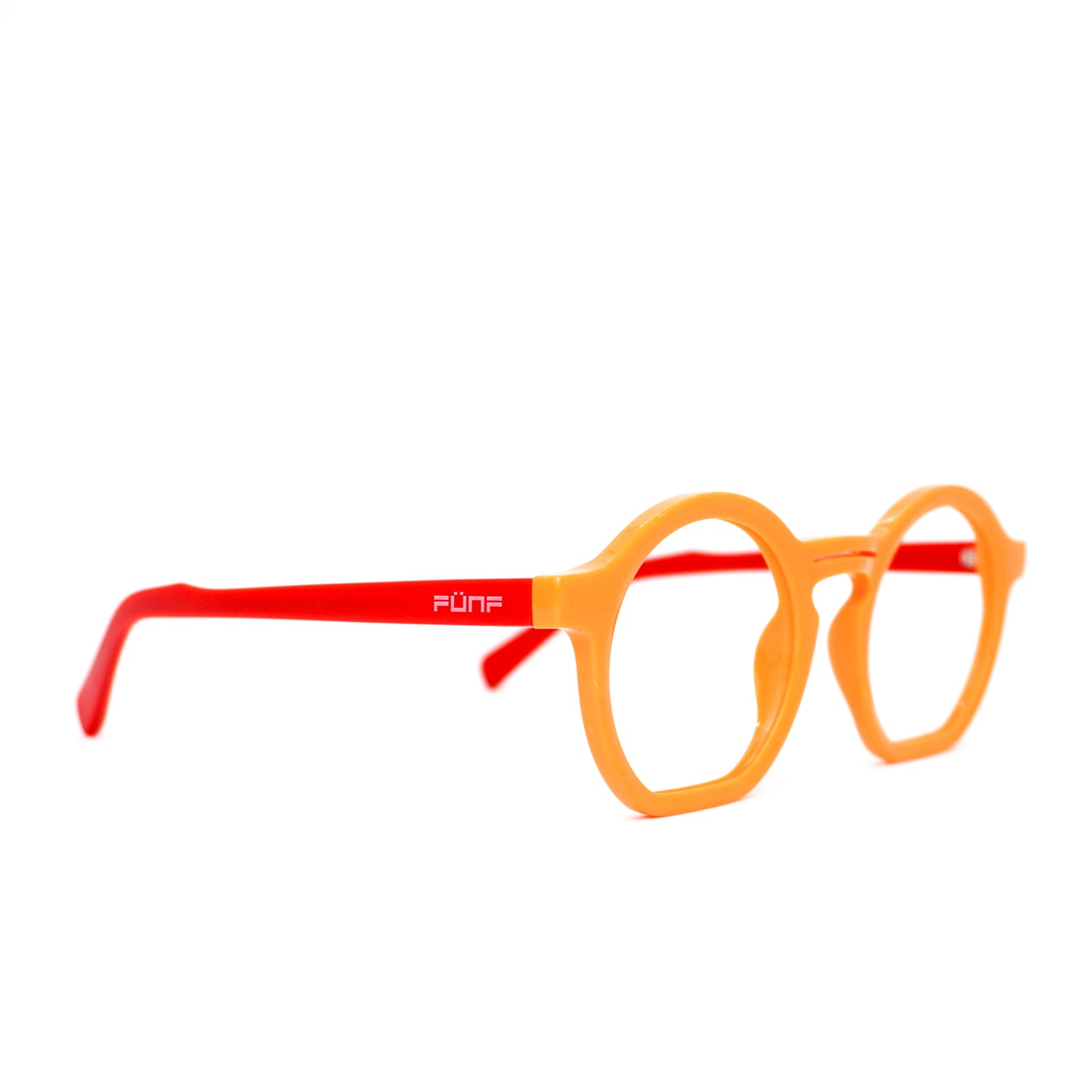 Gafas para formular, redondas, color naranja con rojo.