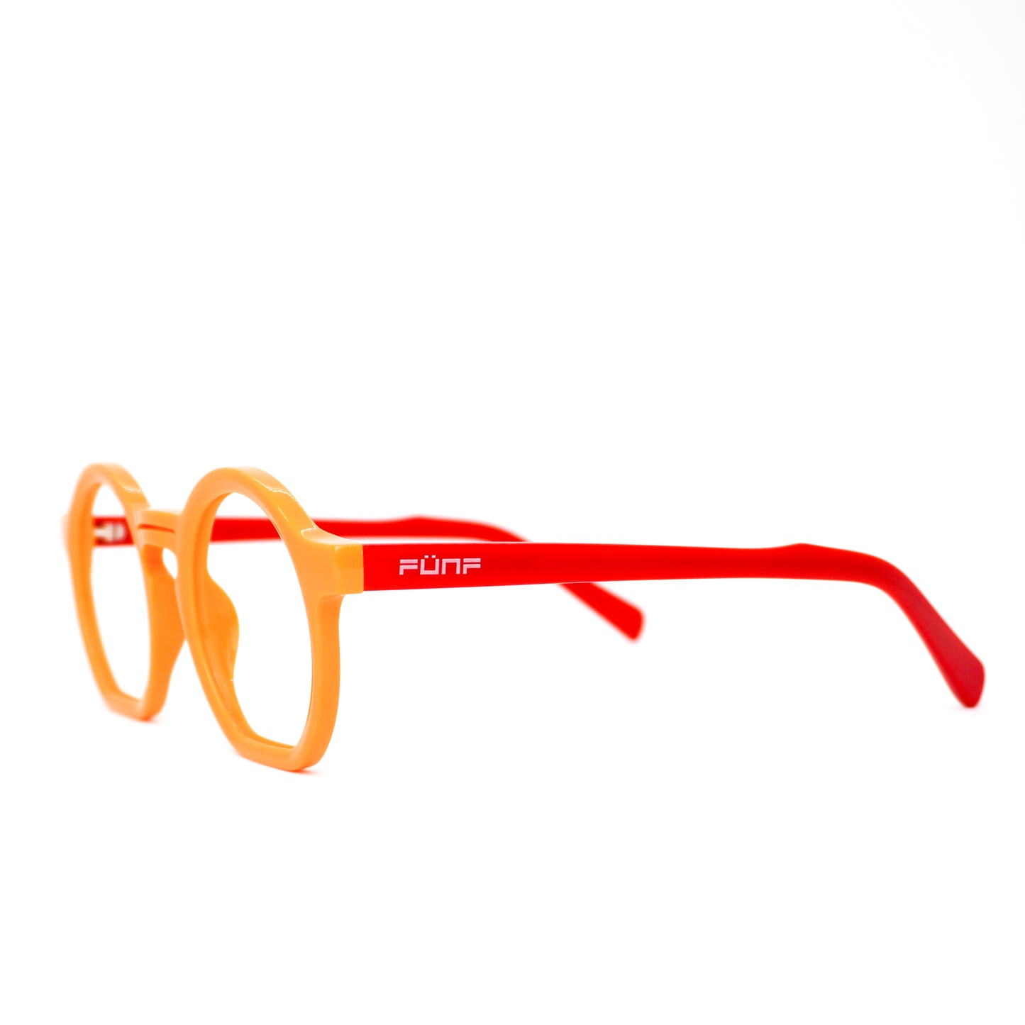 Gafas para formular, redondas, color naranja con rojo.