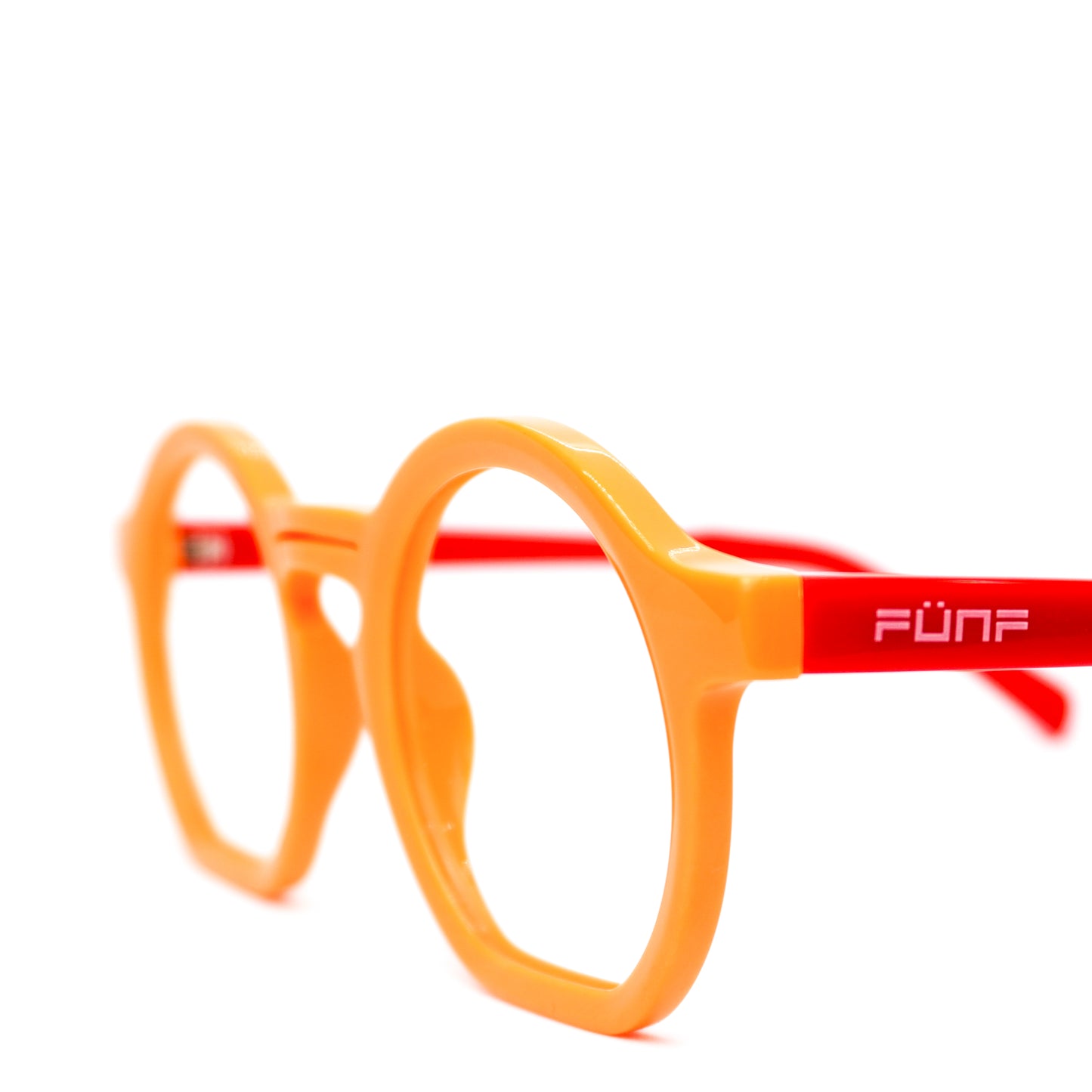 Gafas para formular, redondas, color naranja con rojo.